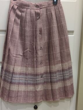 Rare Vintage Claude Montana Button-Front Plaid Midi Skirt in Mauve and Cream